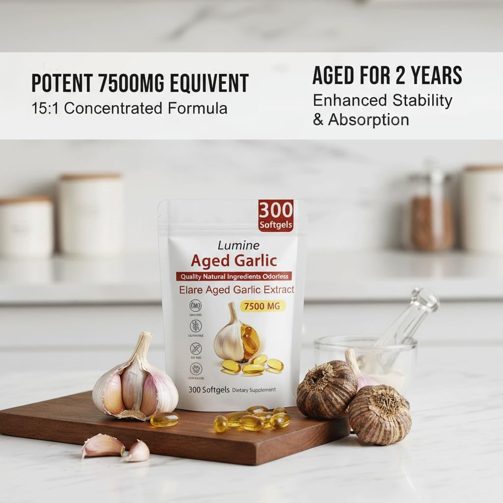 LUMINE Aged Garlic Extract,Primus Aged Garlic,Extract 300 Count 7500mg Odorless Organic Garlic Supplement,Elare Aged Garlic