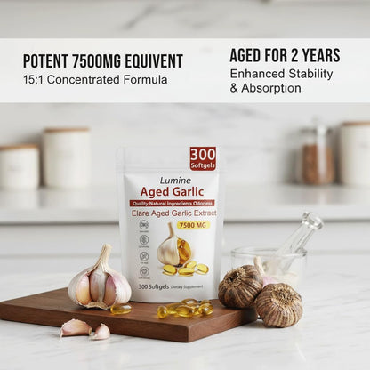 LUMINE Aged Garlic Extract,Primus Aged Garlic,Extract 300 Count 7500mg Odorless Organic Garlic Supplement,Elare Aged Garlic
