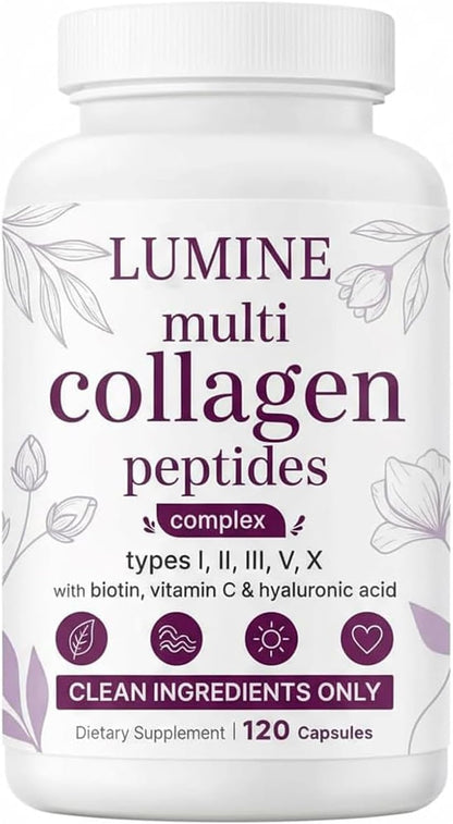 LUMINE Multi Collagen Complex Capsules, Collagen Peptides, Non-GMO Ingredients,Free from Gluten and Soy. Vegan-Friendly, 120Capsules / 60 Servings