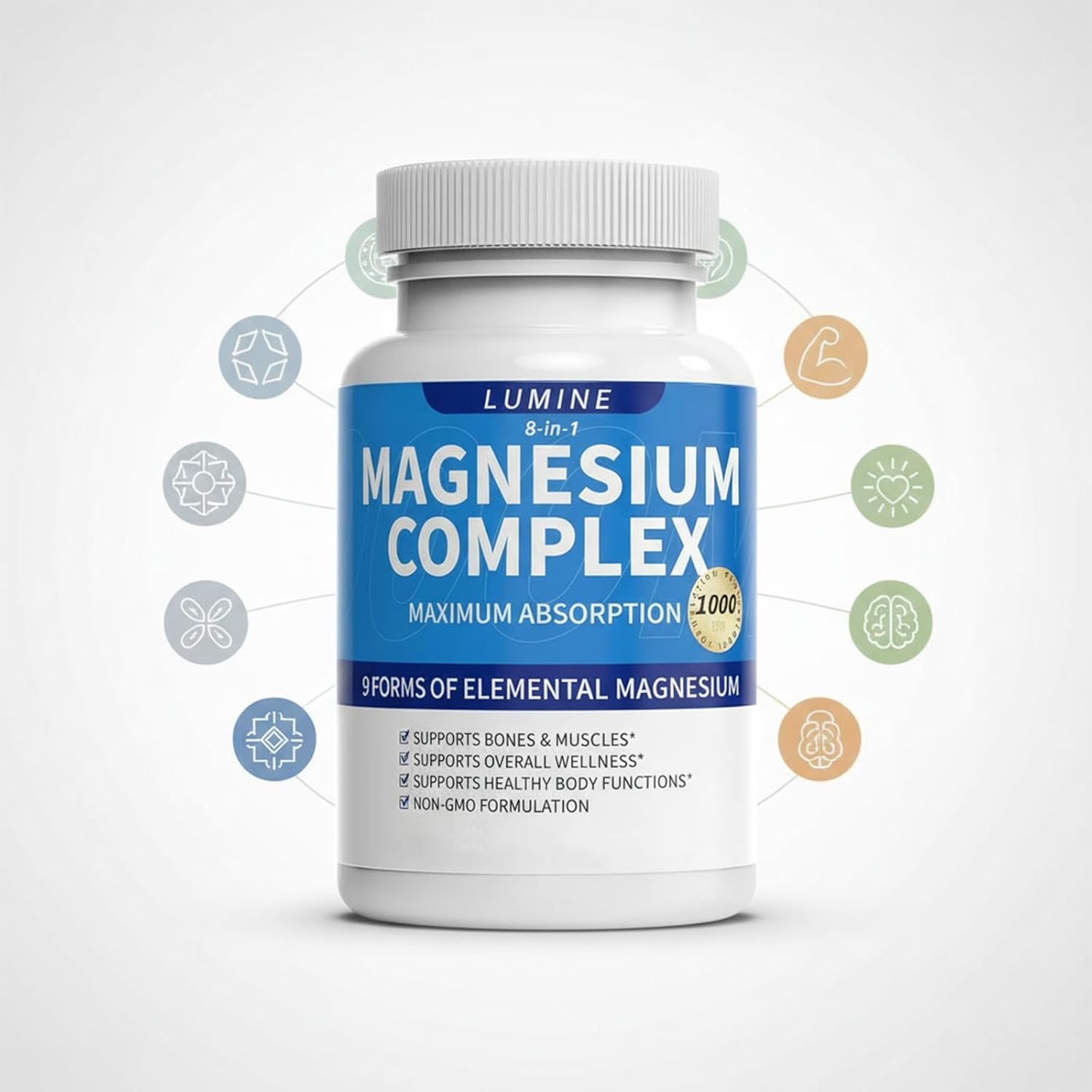 Lumine Magnesium Complex Supplement - Advanced 8-in-1 Elemental 1000mg- Glycinate, Citrate, Malate, Taurate, Chelated for Easy Absorbed, Energy-Restoring, 90 Capsules