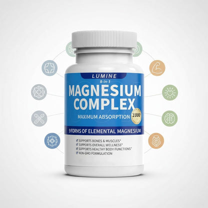Lumine Magnesium Complex Supplement - Advanced 8-in-1 Elemental 1000mg- Glycinate, Citrate, Malate, Taurate, Chelated for Easy Absorbed, Energy-Restoring, 90 Capsules