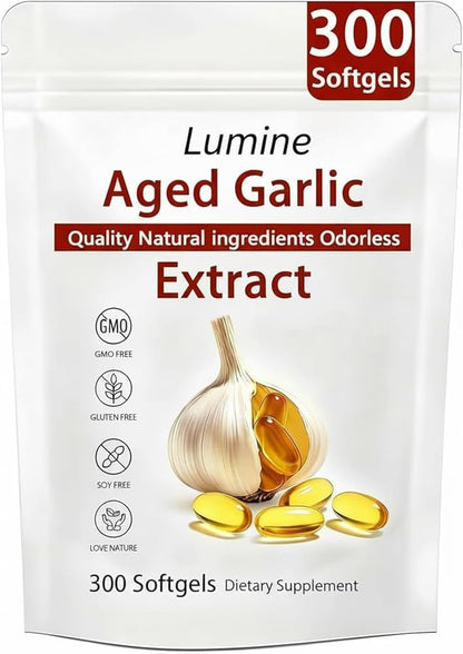 LUMINE Aged Garlic Extract,Primus Aged Garlic,Extract 300 Count 7500mg Odorless Organic Garlic Supplement,Elare Aged Garlic
