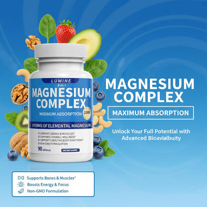 Lumine Magnesium Complex Supplement - Advanced 8-in-1 Elemental 1000mg- Glycinate, Citrate, Malate, Taurate, Chelated for Easy Absorbed, Energy-Restoring, 90 Capsules